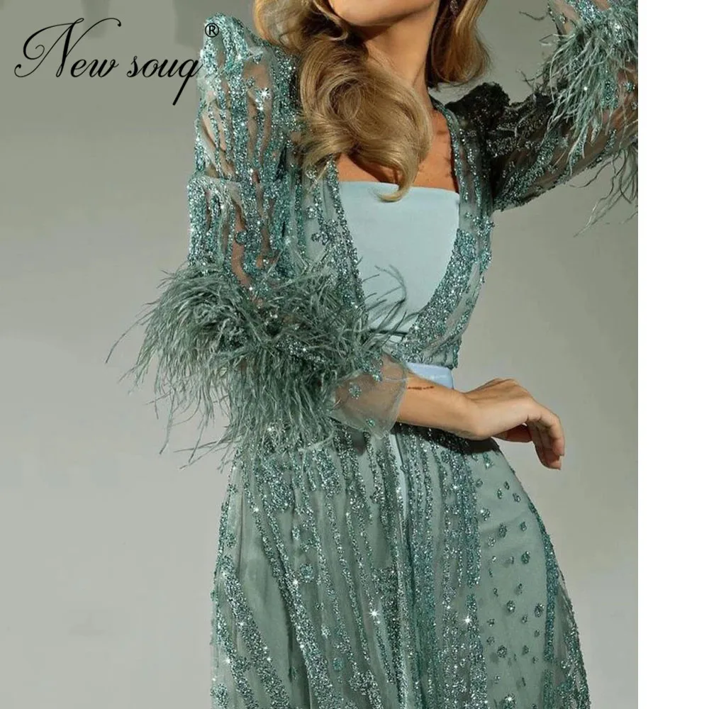 

Middle East Long Sleeve Evening Dresses Robes De Soiree Dubai Arabic Beading Prom Gowns 2022 Couture Feathers Celebrity Dresses