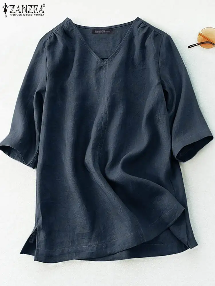 

ZANZEA Oversize Summer Blouse Vintage Women V Neck Short Sleeve Cotton Tops Casual Loose Solid Shirt Female Work Blusas Chemise