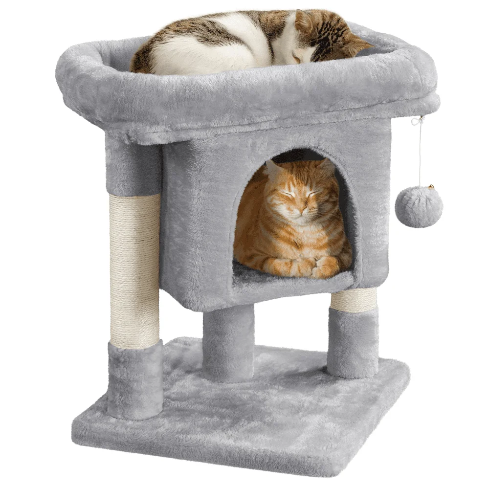 

2-Level Cat Tree Kitten Condo House with Plush Perch, Light Gray