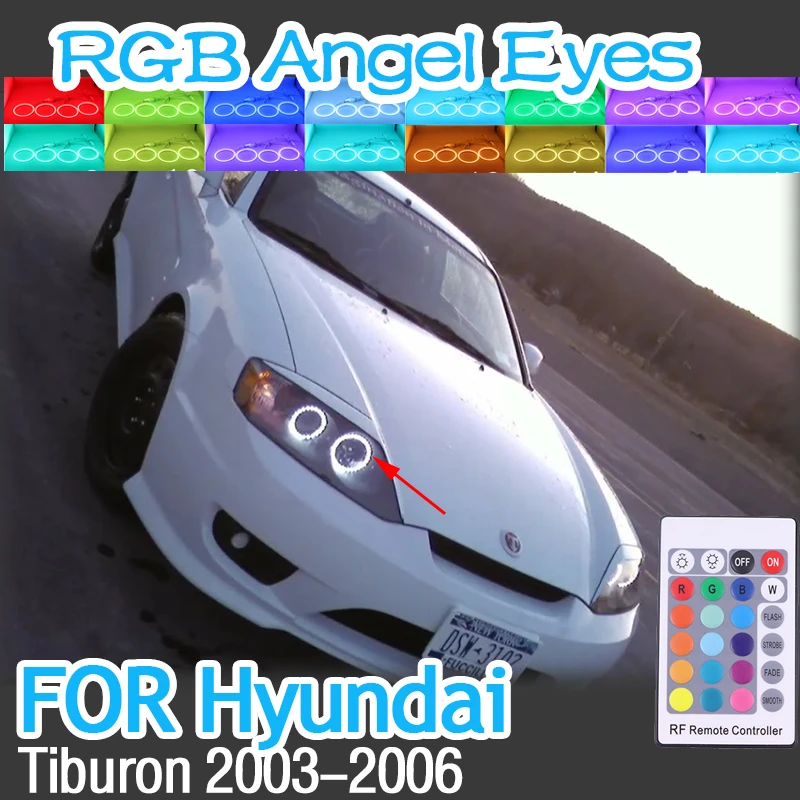 

Разноцветные радиочастотные кольца дистанционного управления RGB для Hyundai Tiburon 2003-2006, аксессуары для автомобильных фар