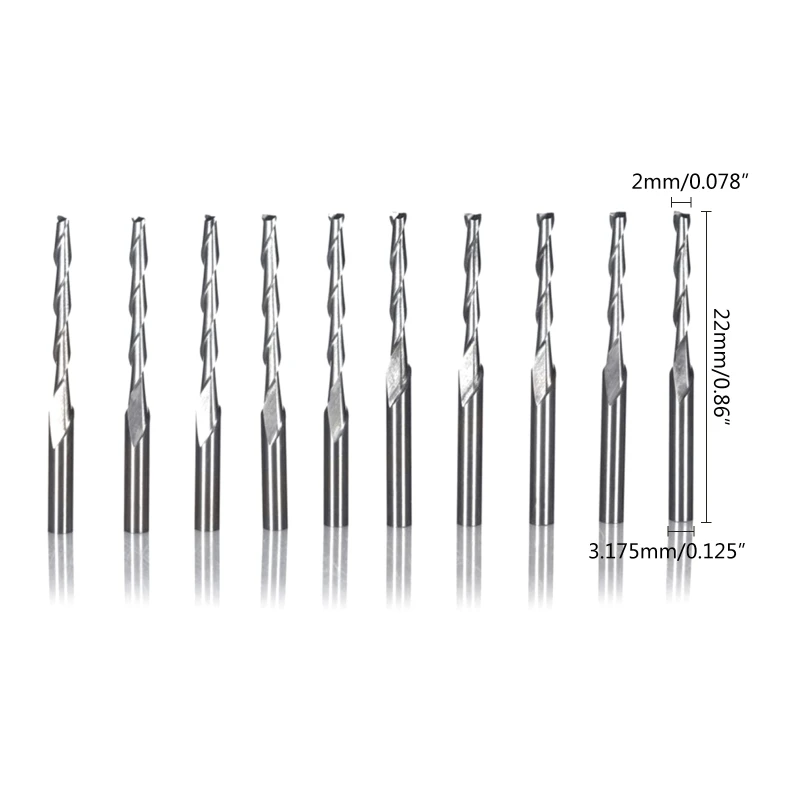 

N0HB 10 Pcs/Set Spiral Router Bits 2 Flutes Milling Cutter 3.175x2x22mm Ball Nose Engraving Bits for Woodworking Carving