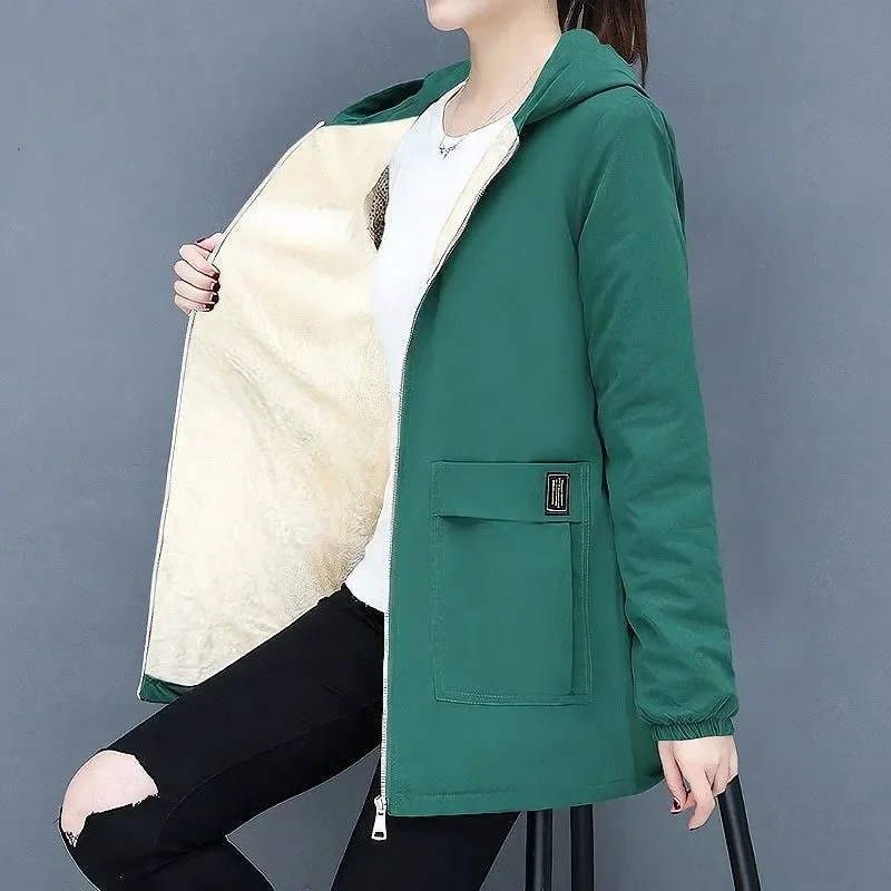 

7XL Women Windbreaker 2023 New Autumn Women's Fleece Jacket Casual Hooded Winter Overcoat Zipper Pocket Female Basic Coat
