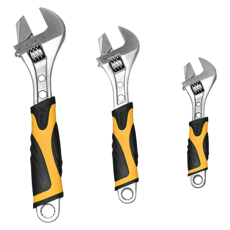 

3 Piece Adjustable Wrench Set High Carbon Steel With Rubber Anti-Slip Handles 10 Inch, 8 Inch, 6 Inch