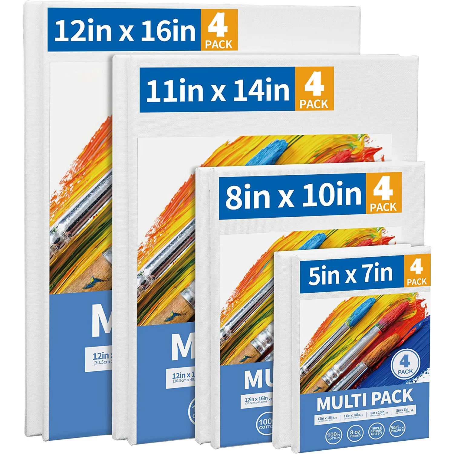 

Stretched White Blank Canvas Multi Pack, Set of 4,100% Cotton,Primed,for Acrylic,Oil,Other Wet or Dry Art Media,for Artists,Kids