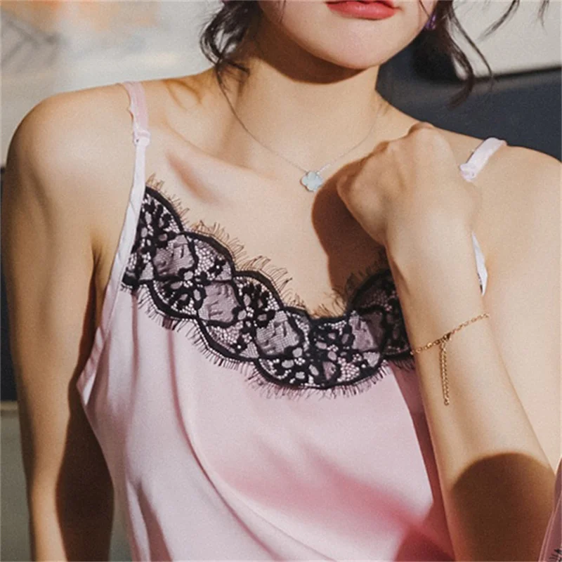 CAIYIER Pink Sexy Lace Silk Pajamas Set Sleeveless V-Neck Cami Top Female Nightwear Spaghetti Strap Lingerie Sleepwear M-XL