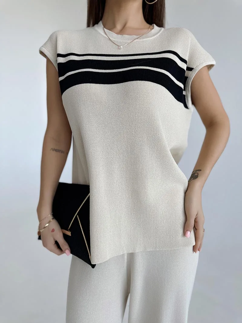 Повседневный женский вязаный костюм с коротким рукавом спортивный комплект из