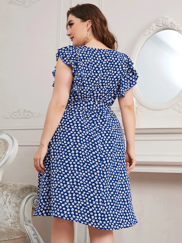 Plus Size For Women Clothing 2022 Summer Casual Flowers Short Sleeve O Neck Dress Fashion Women's Elegant Dresses