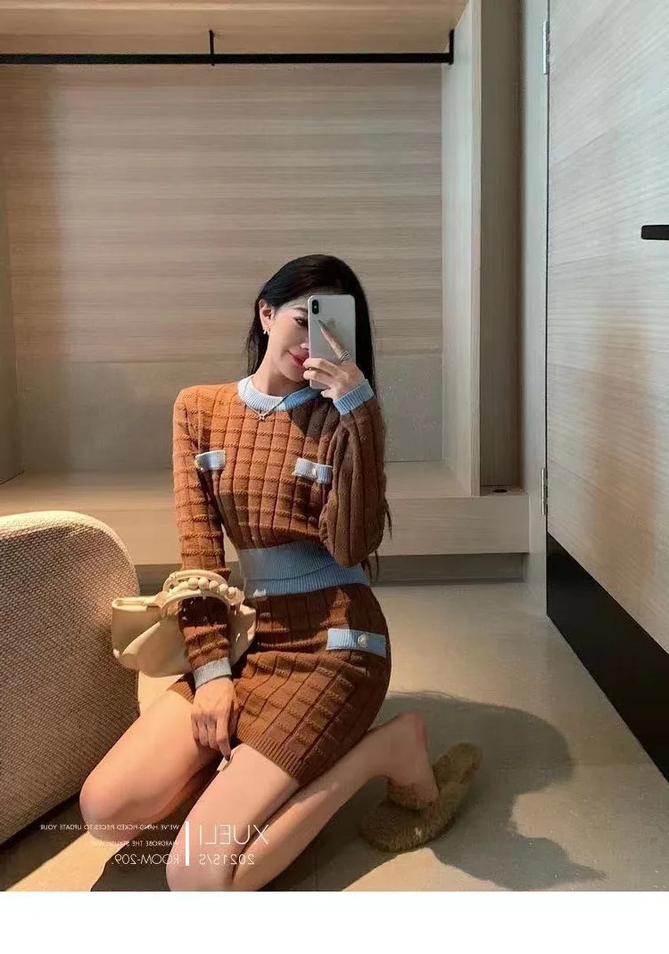 

Women Women 2022 Autumn Winter Korean Office Lady Outfit Kawaii Short Full Sleeve Knitted Sweater Femme Slim Bodycon Mini Suits