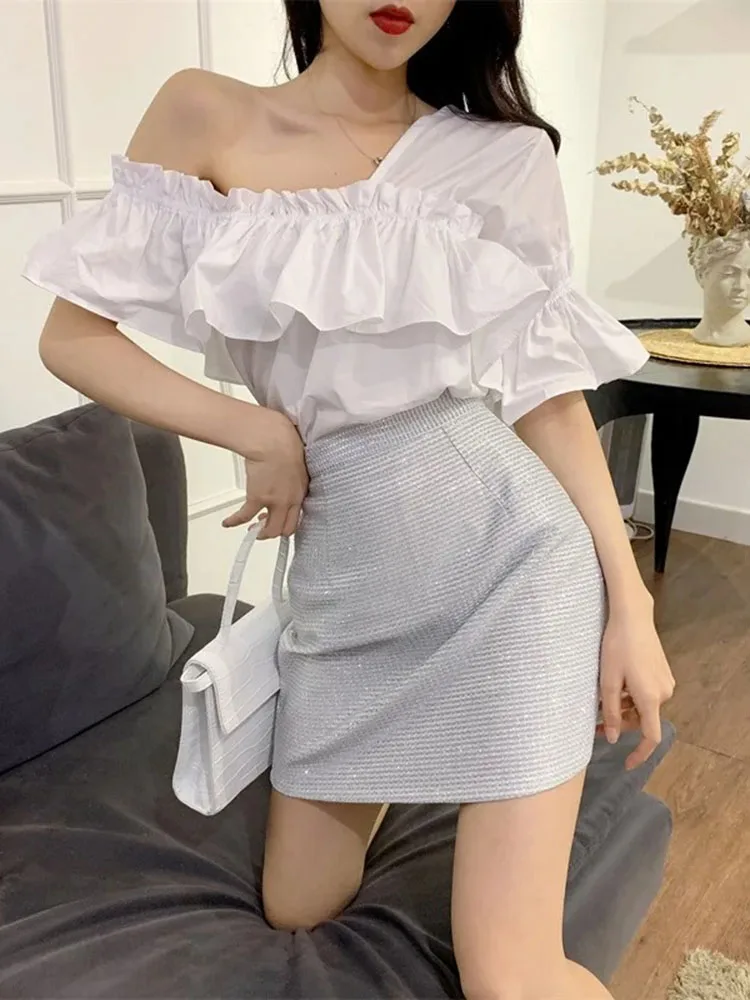 Женская блузка с коротким рукавом свободная Асимметричная пикантная в Корейском