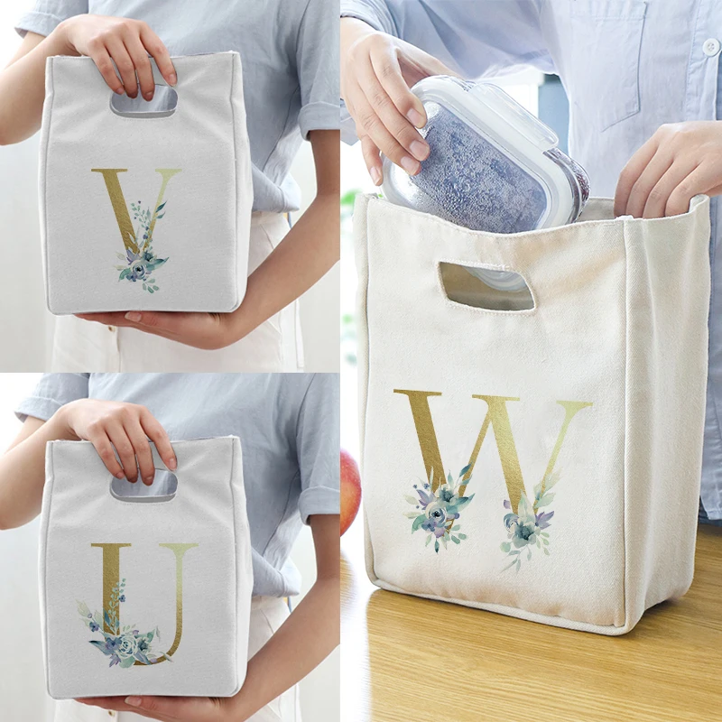 

Lunch Bag Letter Print Cooler Tote Portable Insulated Box Canvas Thermal Cold Food School Picnic for Men Women Travel Lunchbox