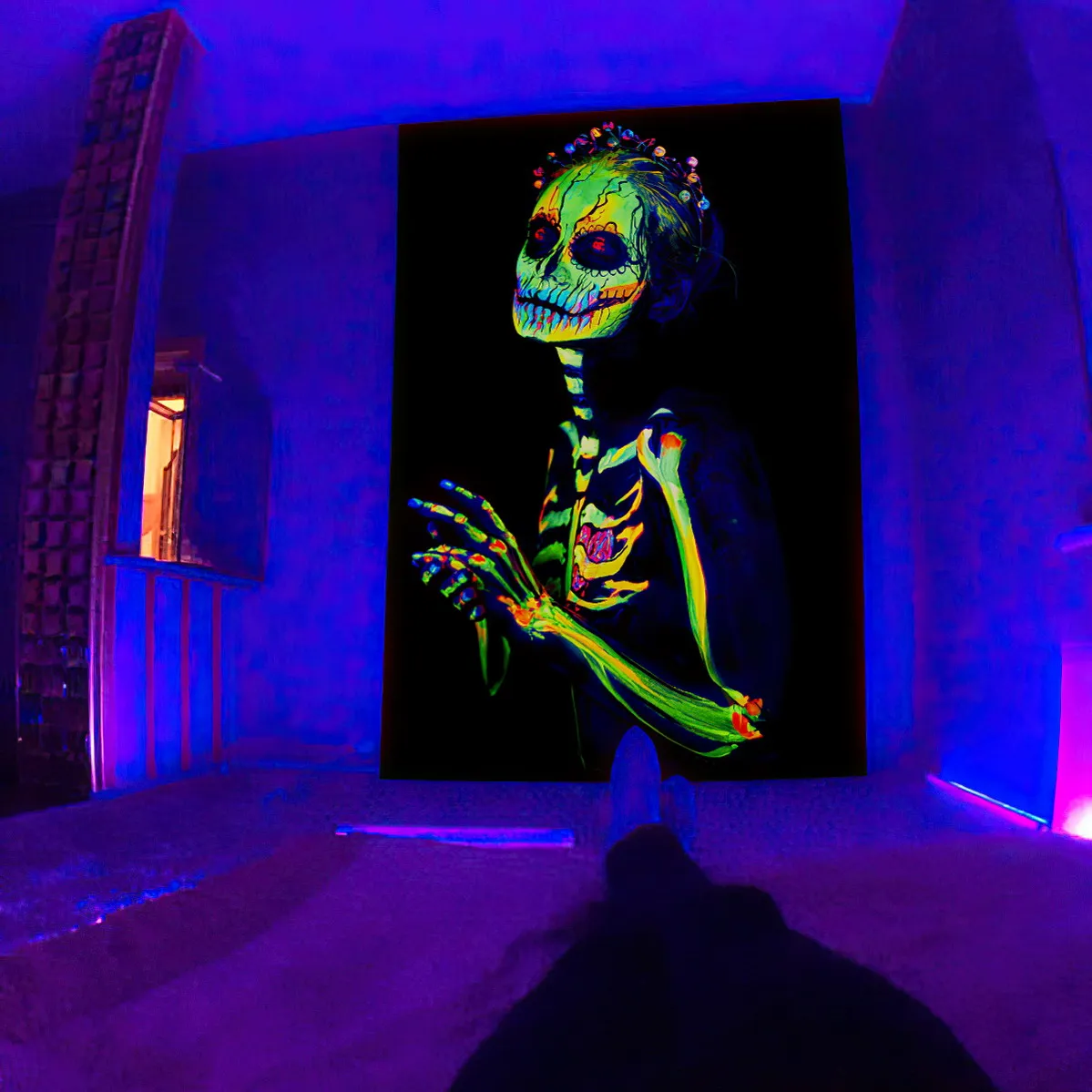 

Черный свет гобелен УФ-реактивный психоделический череп гриб настенный хиппи для спальни, общежития, инди-декор комнаты