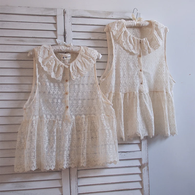 

Summer Women's Literature and Art Small Fresh Lace Doll Collar Folded Loose Sleeveless Organza Doll Shirt Vest