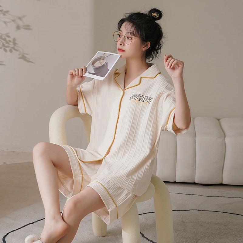 Pajamas Femme Satin Pajamas Set Women Sleepwear Women's Linen Set Woman 2 Pieces Sweet Cardigan Summer Loose Cute Short Sleeve
