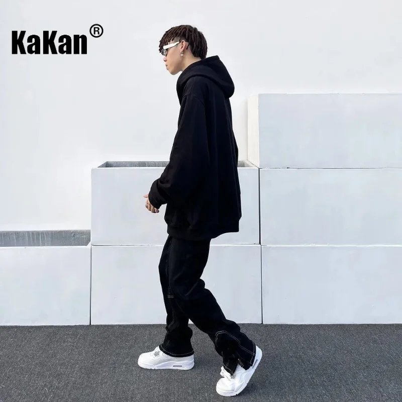 Kakan - New High Street Split Jeans Men's Wear, Black White Straight Leg Pants, Functional Zipper Long Jeans K33