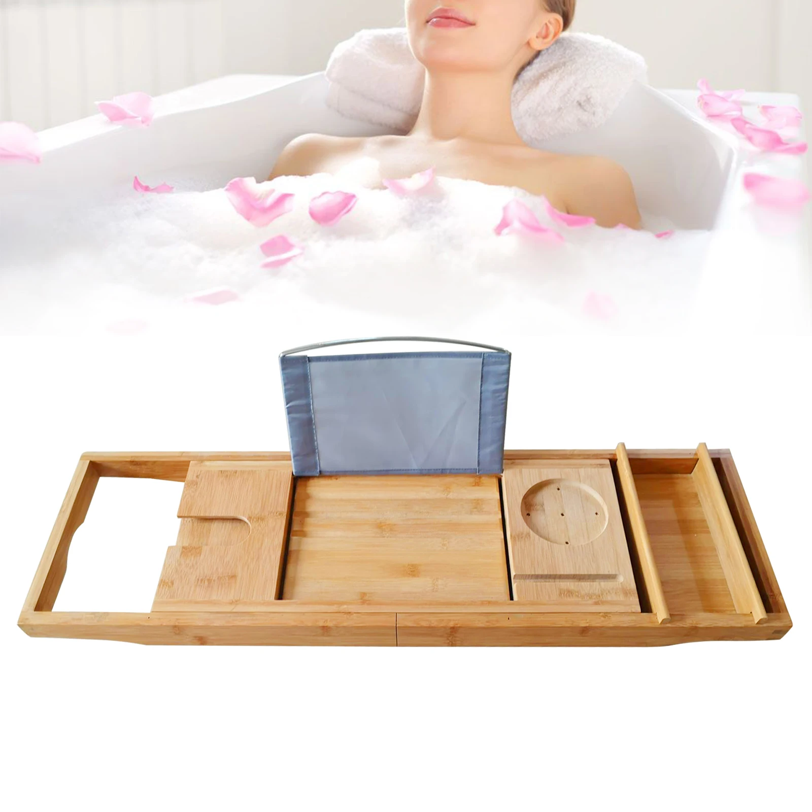 

Retractable Bamboo Bathtub Tray，Bathroom Holder For Book/Pad/Tablet