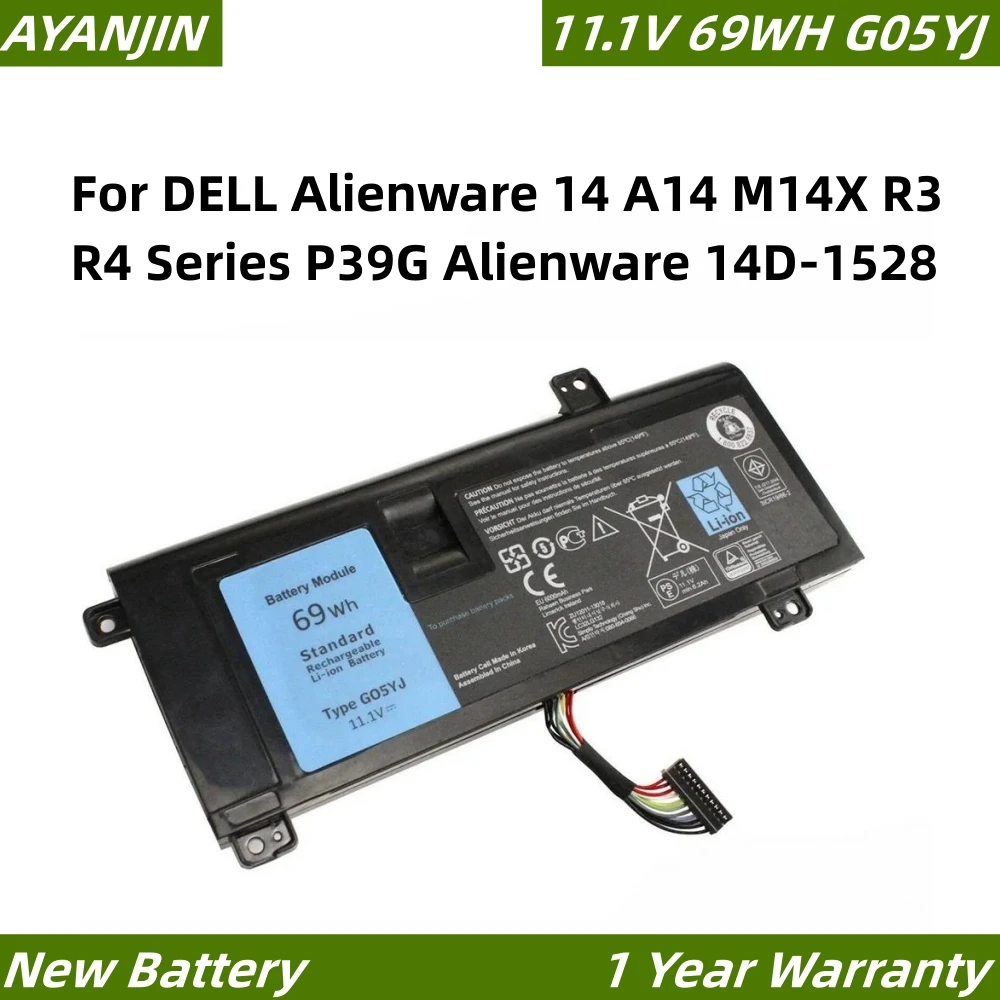 Фото Аккумулятор для ноутбука G05YJ 11.1V 69WH для DELL Alienware 14 A14 M14X R3 R4 Series P39G Alienware 14D-1528 GO5YJ Y3PN0 8X70T №1
