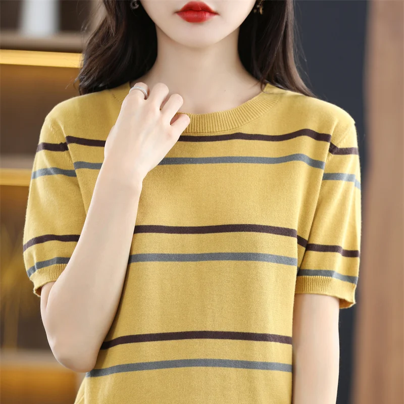 

Casual Fashion Short Sleeve Striped T-shirt Female Clothing 2023 Summer New Loose Pullovers All-match Knitted Commute Tee Shirt