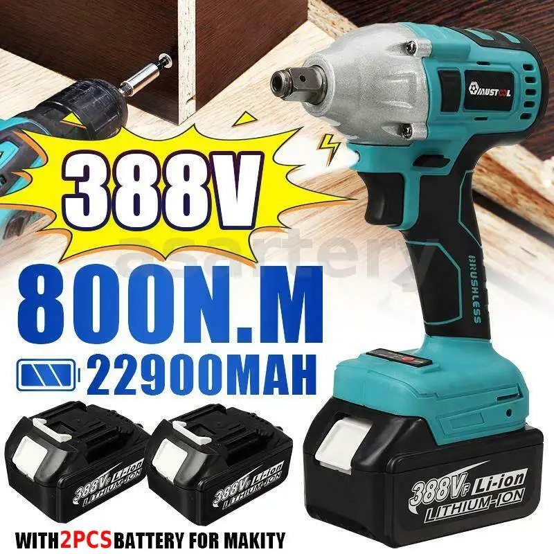 388vf 800N.M Electric Impact Wrench Brushless Wrench Socket 22900mAh Li-ion Battery Hand Drill Power Tool for Makita 18V Battery