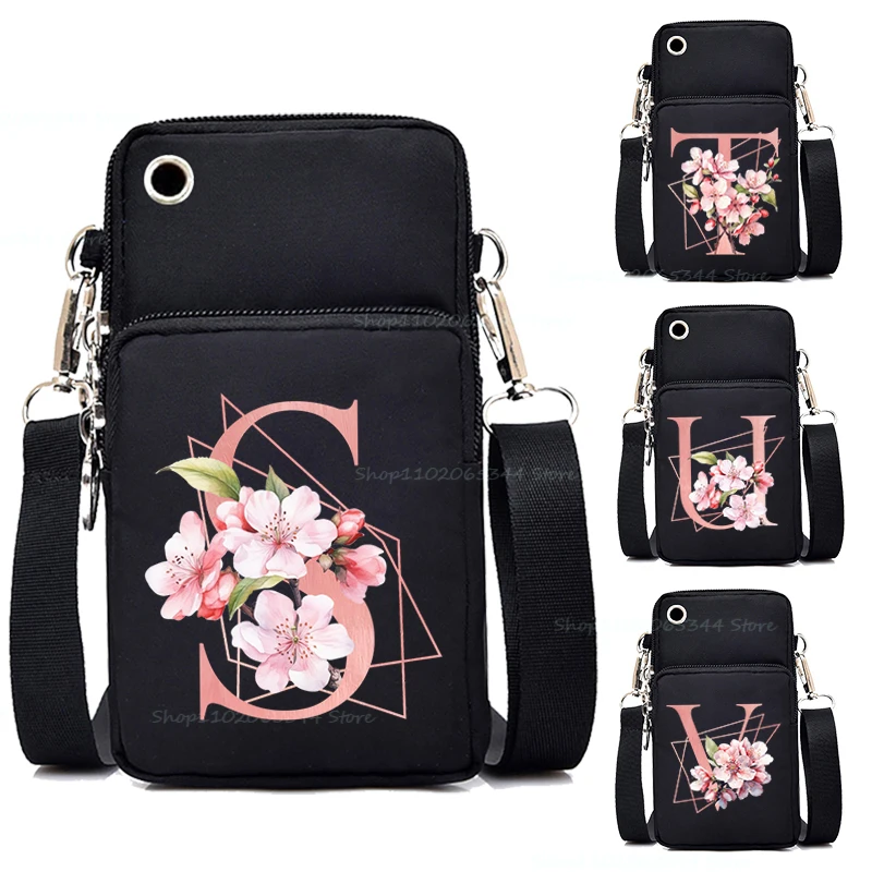 Mini Mobile Phone Bag Sakura Alphabet A-Z Women Shoulder Bags Fashion Floral Surname First Letter Teen Purses Handbags