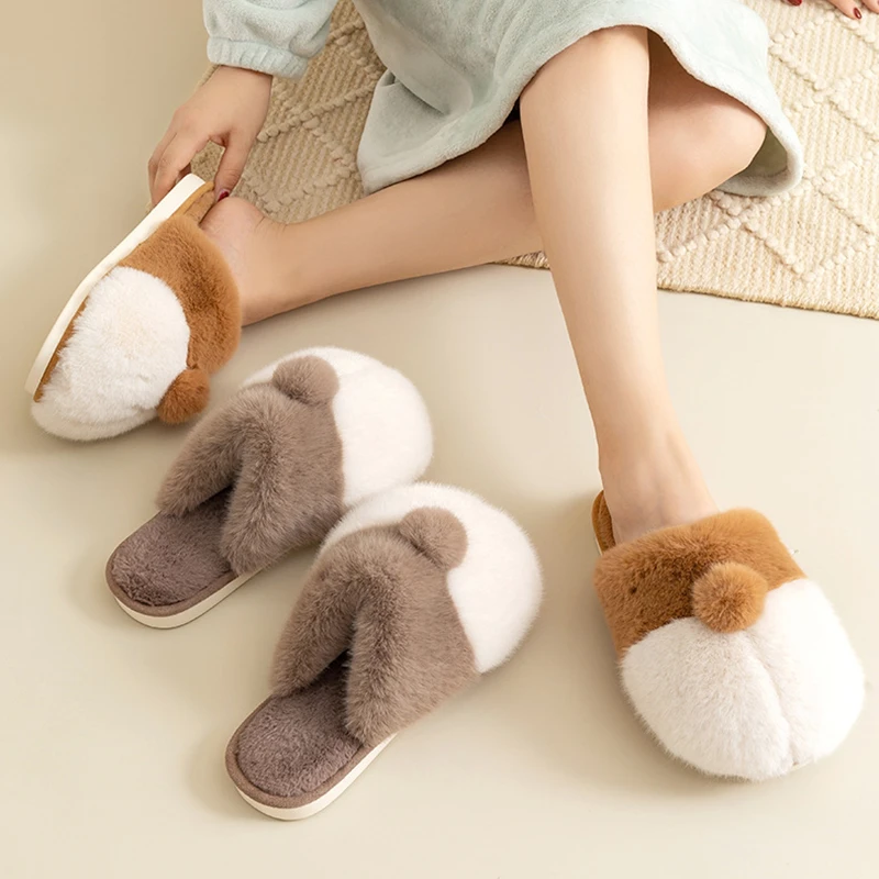 

Women Cute Home Furnishing Cotton Slippers Flat Heel Corgi Round Head Plush Slippers Ladies Indoor Home Comfortable Warm Shoes