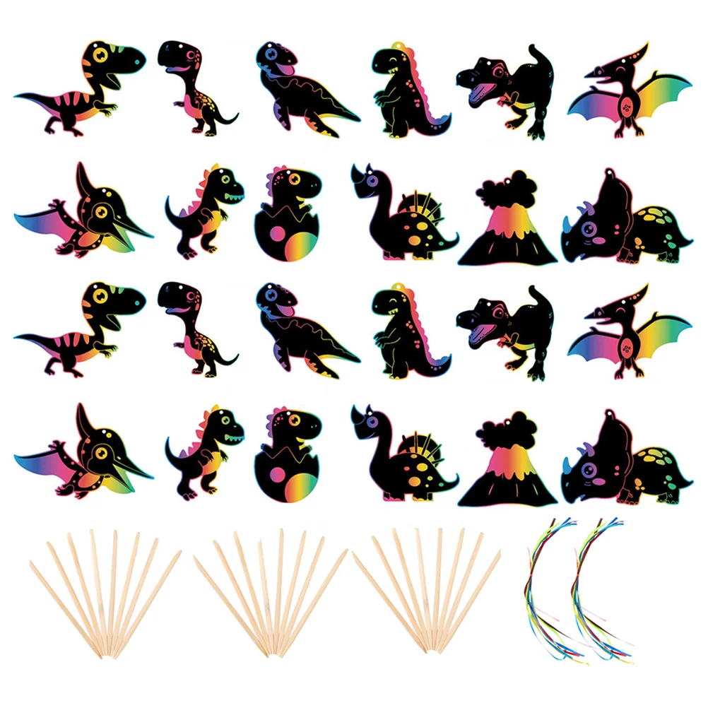 

2 Sets Kids Playset Toy Dinosaur Scratch Painting Paper Cartoon Cards Craft Kit Scratchboard Off Student