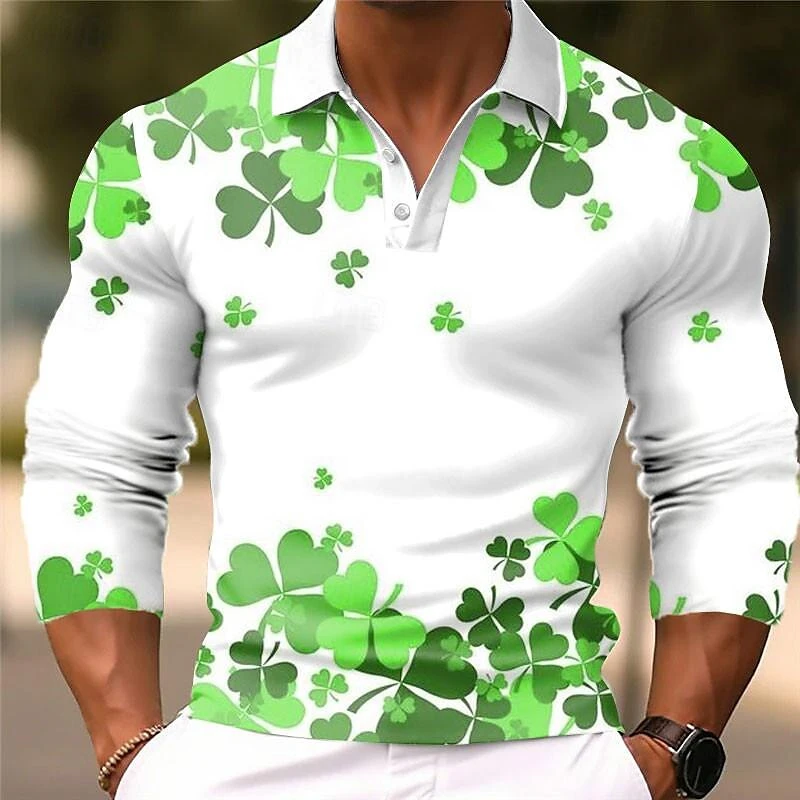 Простая рубашка-поло с узором четырехлистного клевера модная осенняя футболка