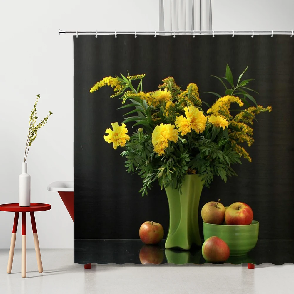 

Curtain Flowers In The Cup Green Leaf Colorful Creativity 3D Printed Machine Washable Bath With Hook Shower Screen Bath Curtains