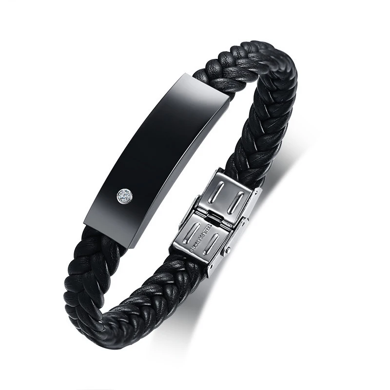 

Trendy Stainless Steel Microfiber Leather Braided Bracelet With Rhinestone Personalized Bangle Men's Jewelry