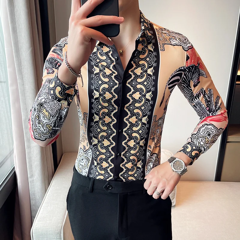

2022 Gold Baroque Paisle Flower Men Slim Fit Dress Shirt British Style High Quality Streetwear Social Camisa Masculina