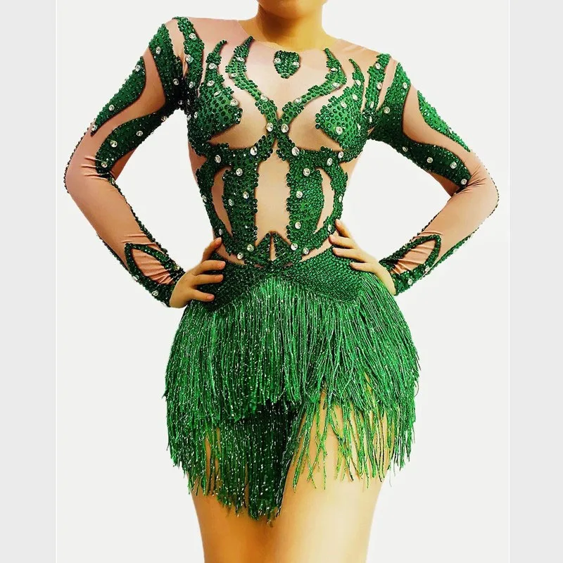 

Green Rhinestone Fringe Long Sleeves Outfit Bodysuit Women Dancer Singer Show Wear Spandex Bodysuit Birthday Celebrate
