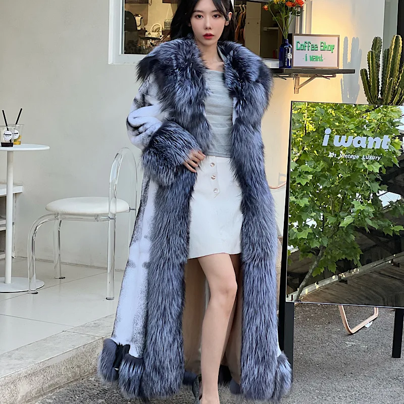 Женское длинное пальто из натурального меха кролика Рекс зимнее с воротником