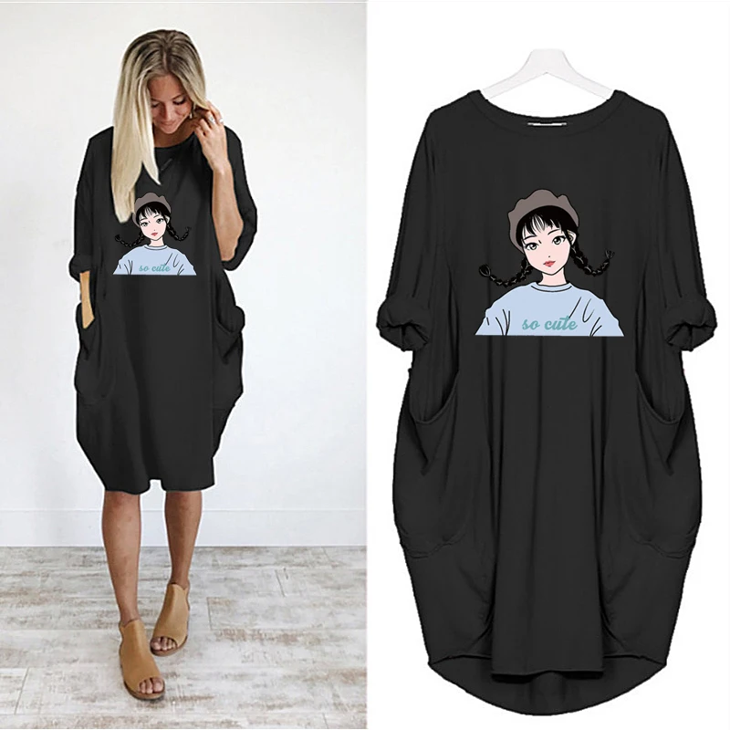 

Summer Dress Women 2022 Long Sleeve O Neck Pocket Elegant Midi Dress Women Dresses Cute Cartoon Print Loose Casual Clothes Black