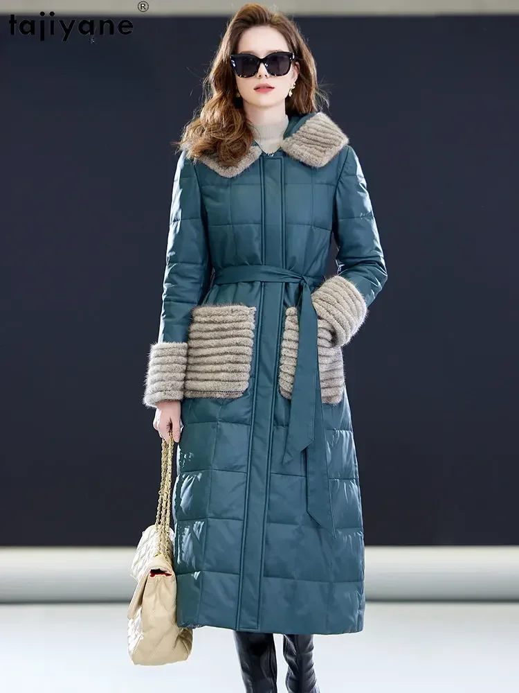 Женский пуховик средней длины Tajiyane из натуральной овечьей кожи с капюшоном