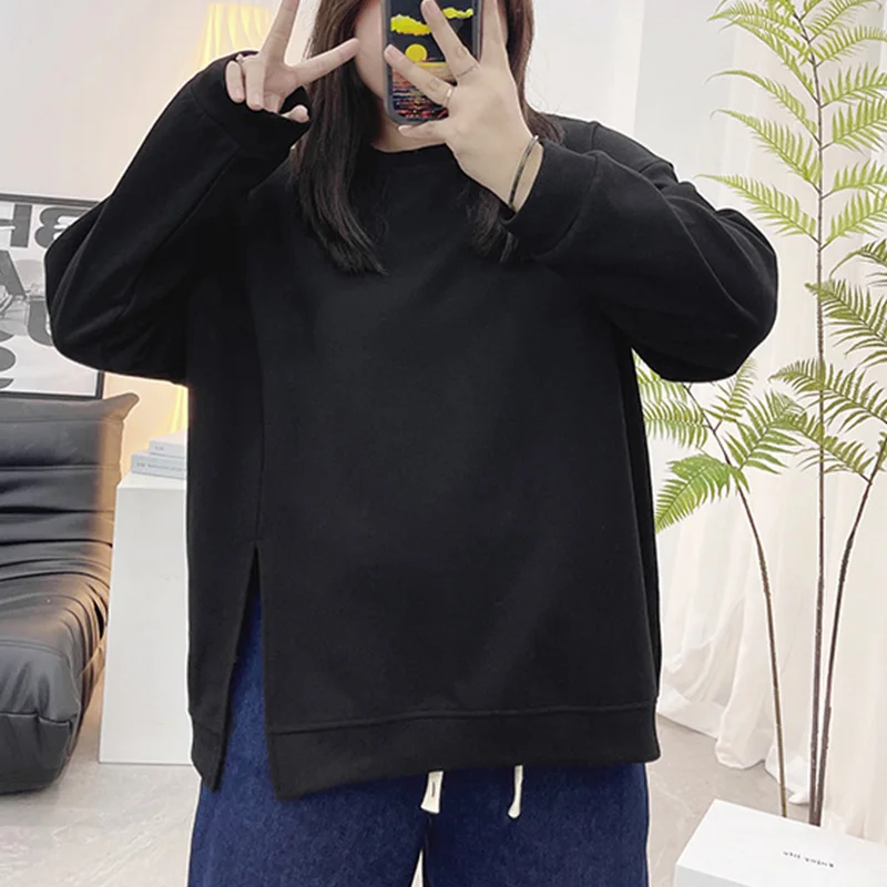 Autumn Winter Plus Size Solid Casual Women Top Korean Crew Neck Slit Long Sleeve Adding Velvet Without Pilling Loose Sweatshirts