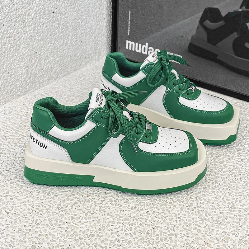 2023 Square Toe Chunky Sneakers Genuine Leather New Wedge Platform Shell Toe Breathable Vulcanized Summer Fashion Ladies Shoes