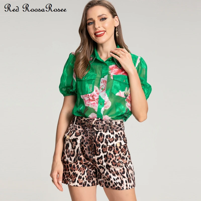 

Red RoosaRosee Diamonds Turn-down Collar Short Sleeve Green Print Blouse + Leopard Shorts Summer 2022 Women Lady Suit Twinset