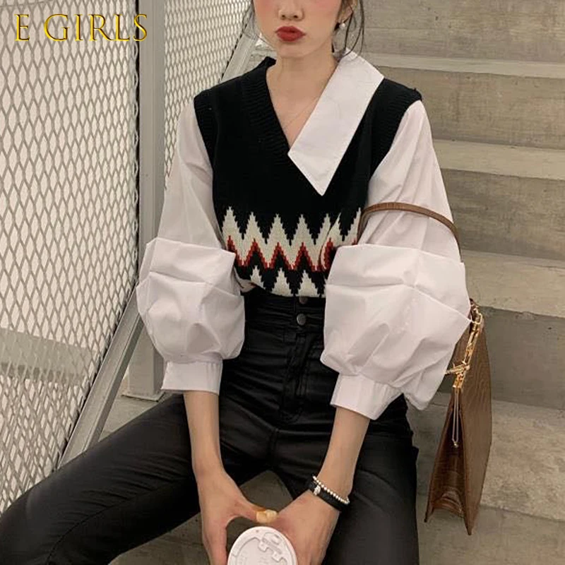 E GIRLS Vintage Patchwork Knitted Blouse Women Long lantern Sleeve Fake Two Piece Blouses Loose Tops Shirts blusas mujer