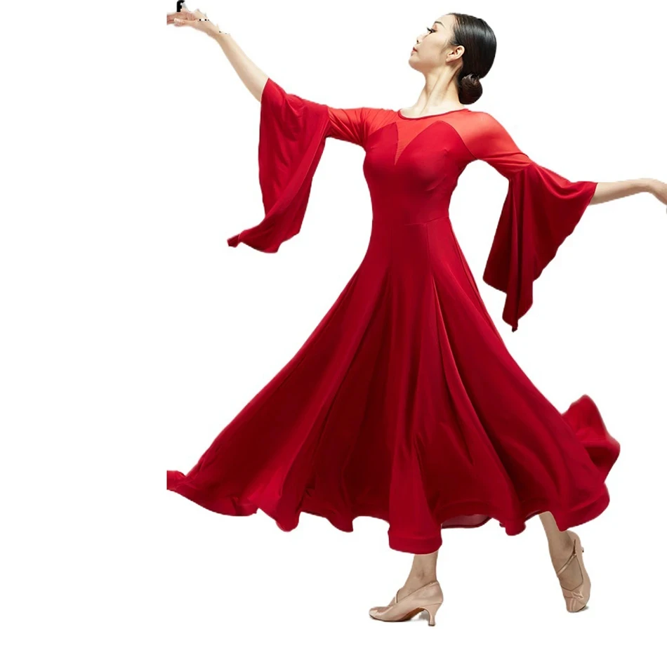 

Ballroom Dance Dress Long Expansion Mesh Patchwork Waltz Tango Foxtrot Costumes Female Half Sleeve Stage Wear