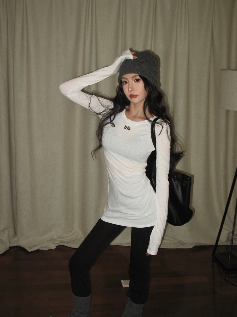 Женская футболка с длинным рукавом Повседневная облегающая круглым вырезом и