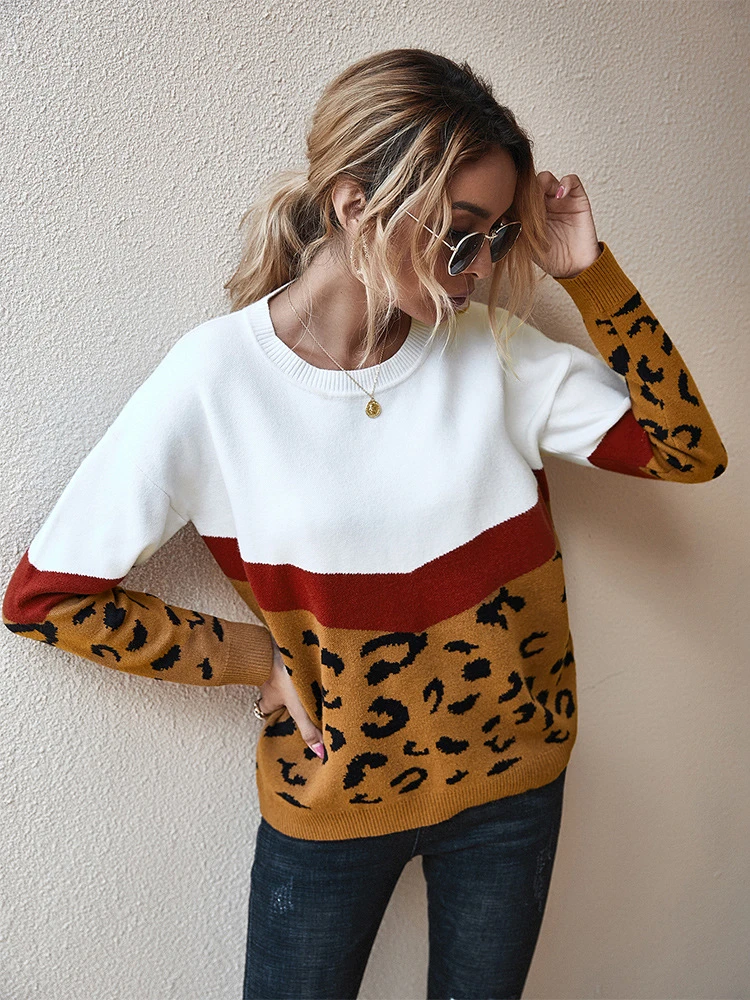 

Women O-neck Full Sleeve Jumper Pullovers Top Khaki Brown Fashion Leopard Patchwork Autumn Winter 2022 Ladies Knitted Sweater