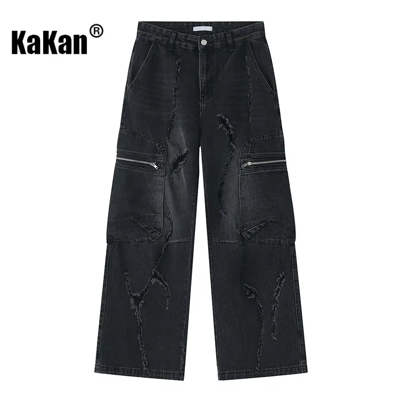 Kakan - New American Loose Straight Zip Hip Hop Jeans for Men, Large Pocket Worn Long Jeans K50-047