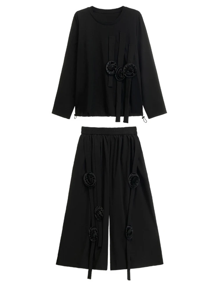 [EAM] Футболка с цветочным принтом большого размера широкие брюки костюм из двух