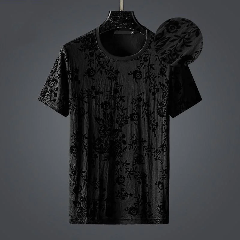 

style American European and high-end flocking flower short t-shirt men's slim fit half sleeve fashion trend jacquard top