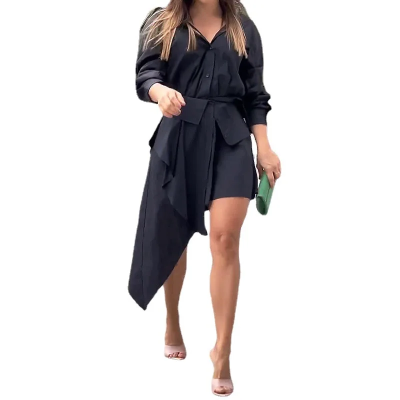

Office Commuter Fashion Women's Dress 2023 Summer Casual Solid Color Slim Fit Polo Neck Long Sleeve Waist Irregular Dress Y2K