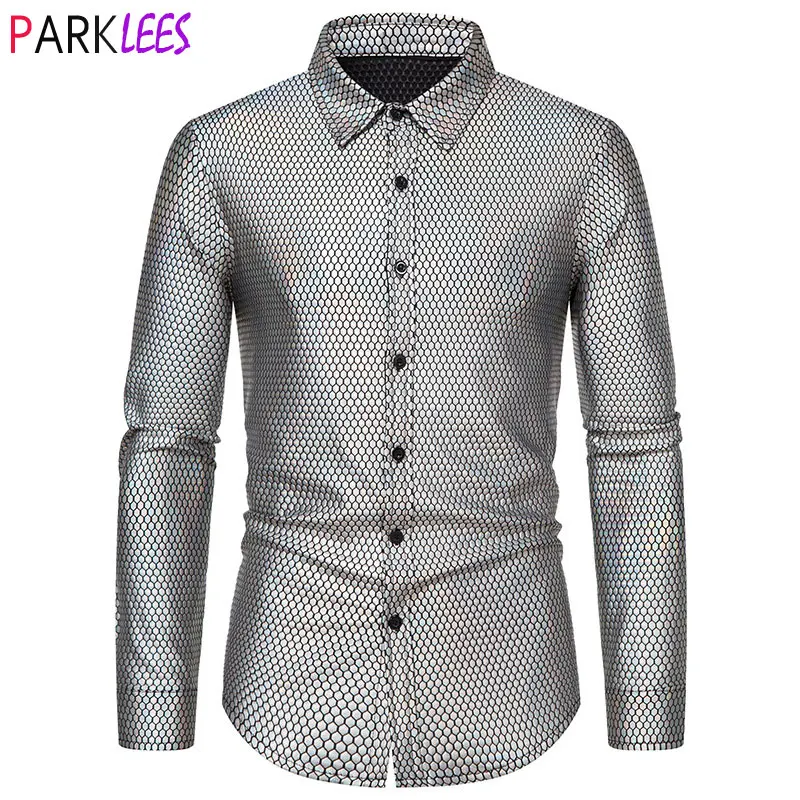 

Mens Silver Metallic Fish Scales Pattern Shirt Long Sleeve 70s Disco Dance Nightclub Shirt Halloween Bday Party Stage Prom Shirt