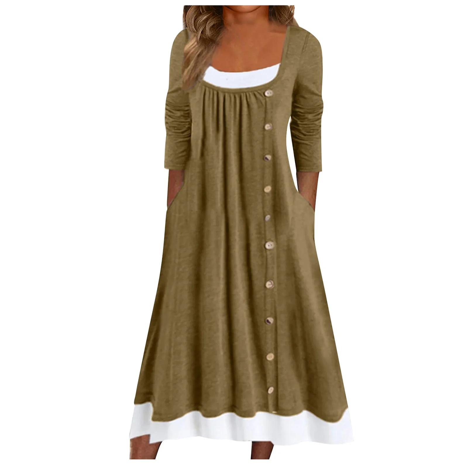 

Women's Casual Round Neck Long Sleeve Pullover Ruched Button Dress Long-Sleeved Dress платье женское Vestidos Femininos 2023
