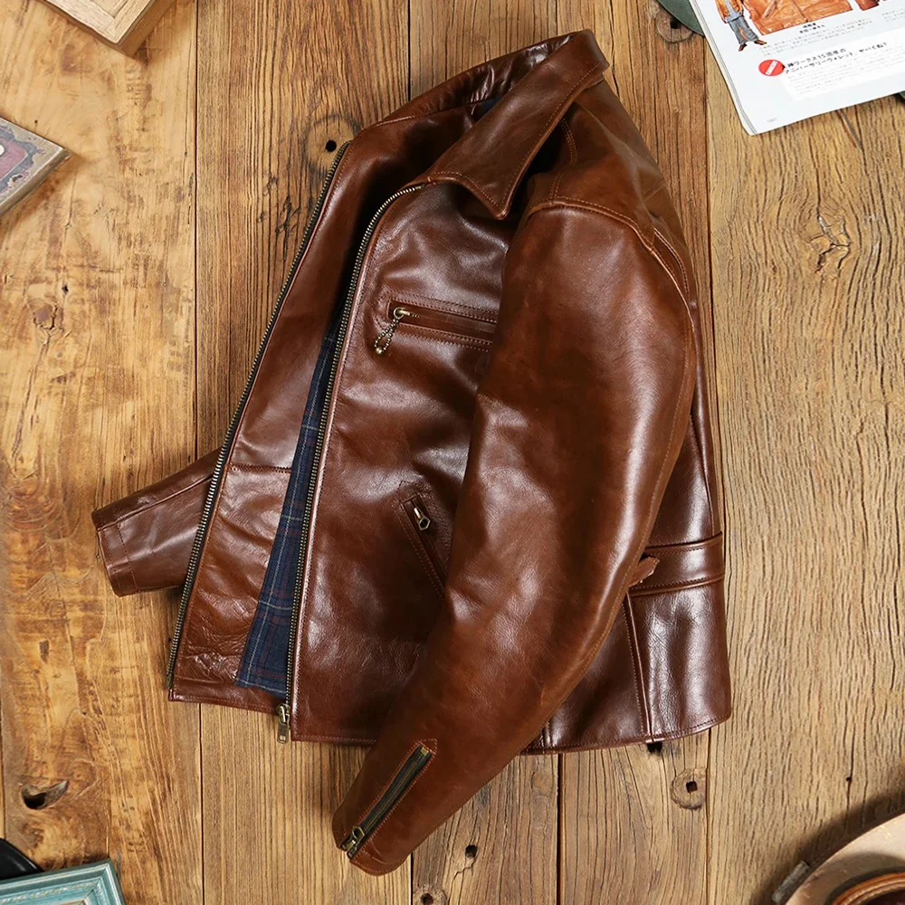 Мужская короткая приталенная куртка из натуральной воловьей кожи в стиле сафари