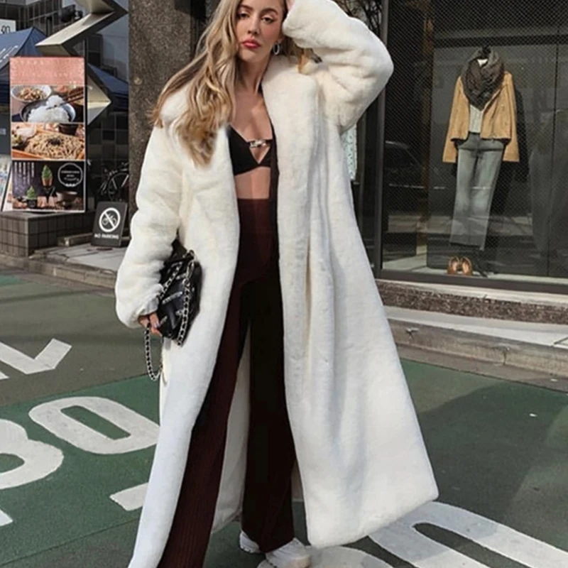 

Winter Loose Lapel Faux Fur Thickening Warm Plus Size Long Plush Coat Women's Faux Rabbit Fur Coat Extended Knee Length Fur Coat