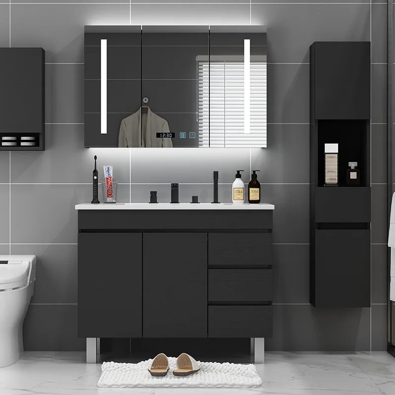 

Nordic Bathroom Storage Cabinet With Sink Washbasin Cabinet Paint-free Smart Mirror Cabinet With Sink Modern Home Fixture Black