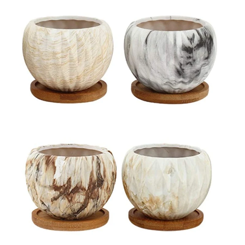 

4PCS 3.7 Inch Modern Planter For Plants,Marbling Ceramic Succulent Pots Flower Pot With Bamboo Trays For Home Decor